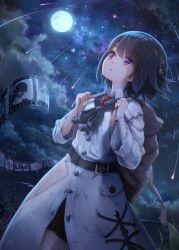 Rule 34 | 1girl, :o, backpack, bad id, bad pixiv id, bag, belt, black hair, black scarf, black skirt, blue sky, cloud, coat, commentary request, crescent, crescent hair ornament, full moon, grass, hair ornament, hands up, highres, hoshizaki reita, looking up, moon, necktie, night, night sky, original, outdoors, purple eyes, red necktie, scarf, scenery, shooting star, short hair, signature, skirt, sky, solo, standing, star (sky), starry sky