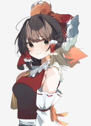 Rule 34 | 1girl, absurdres, ascot, bare shoulders, black eyes, black hair, blush, bow, closed mouth, detached sleeves, hair bow, hair tubes, hakurei reimu, higa (gominami), highres, japanese clothes, looking to the side, nontraditional miko, red bow, ribbon-trimmed sleeves, ribbon trim, short hair, sidelocks, solo, touhou, upper body, white sleeves, wide sleeves, yellow ascot