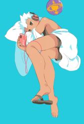 Rule 34 | 1boy, blue background, brown eyes, brown shorts, child, commentary request, duo (housamo), floating, floating object, full body, headphones, highres, holding, holding phone, lab coat, legs, listening to music, lying, male focus, on side, phone, pillow, sandals, short hair, shorts, simple background, solo, spiked hair, thighs, tokyo houkago summoners, watatuki