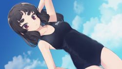 Rule 34 | 1girl, arm behind head, arm up, bare arms, bare shoulders, black hair, black one-piece swimsuit, blue sky, breasts, cloud, cloudy sky, collarbone, day, gluteal fold, kuranami shiki, looking at viewer, medium breasts, natsuki teru, one-piece swimsuit, original, outdoors, parted lips, red eyes, short eyebrows, sky, solo, swimsuit, thick eyebrows