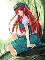 Rule 34 | 1girl, blue eyes, braid, breasts, dress, female focus, forest, hair ribbon, hat, hong meiling, large breasts, long hair, looking back, nature, outdoors, red hair, ribbon, shigen, sitting, sky, solo, star (symbol), embodiment of scarlet devil, touhou, tree, twin braids
