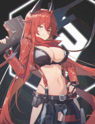 Rule 34 | 1girl, aa-aster, anti-materiel rifle, black background, black gloves, black jacket, black pants, breasts, bullpup, cleavage, commentary, cowboy shot, cropped jacket, crotch plate, fingerless gloves, gloves, goddess of victory: nikke, gun, hair between eyes, hand on own hip, highres, hip vent, holding, holding gun, holding weapon, horns, jacket, large breasts, leather, leather jacket, leather pants, long hair, long sleeves, looking at viewer, mechanical horns, navel, open clothes, open jacket, over shoulder, pants, parted lips, red hair, red hood (nikke), red scarf, rifle, scarf, sidelocks, smile, sniper rifle, solo, standing, stomach, suspenders, unzipped, weapon, weapon over shoulder, yellow eyes