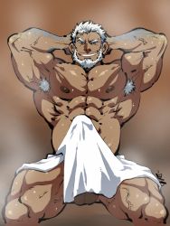 Rule 34 | 1boy, 41raco, abs, aegir (housamo), bara, beard, blue eyes, bulge, dark-skinned male, dark skin, erection, erection under clothes, facial hair, highres, large pectorals, looking at viewer, male focus, manly, muscular, nipples, pectorals, penis, penis peek, smile, solo, thick thighs, thighs, tokyo houkago summoners, upper body, white hair