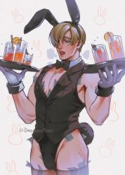Rule 34 | 1boy, animal ears, black vest, blush, brown hair, bulge, cup, curtained hair, detached collar, gloves, highres, holding, holding tray, leon s. kennedy, male focus, male playboy bunny, money, open mouth, proxysart, rabbit boy, rabbit ears, rabbit tail, resident evil, resident evil 4, resident evil 4 (remake), short hair, solo, tail, thighs, tray, tucked money, twitter username, vest, white gloves