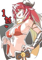 Rule 34 | 10s, 1girl, :d, bare shoulders, bikini, bracer, breasts, character request, commentary request, fangs, highres, horns, large breasts, long hair, maerchen maedchen, muchi maro, navel, open mouth, orange bikini, pointing, pointing at viewer, red hair, scarf, smile, solo, swimsuit, upper body, yellow eyes, yellow scarf