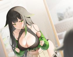 Rule 34 | 1girl, bare shoulders, black hair, black shirt, blurry, blurry background, blurry foreground, blush, breasts, cardigan, cleavage, cleavage cutout, clothing cutout, commentary, cowboy shot, green cardigan, green eyes, green hair, hair flaps, halterneck, highres, indoors, jeon-eo konoshiro, large breasts, leaning forward, long hair, looking at viewer, mole, mole under eye, multicolored hair, off shoulder, open cardigan, open clothes, original, puckered lips, shirt, solo, streaked hair