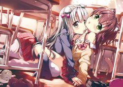 Rule 34 | 2girls, :3, :o, animal, animal ears, bag, black socks, blouse, blush, bow, braid, brown eyes, brown hair, cardigan, cat, cat ears, cat girl, cat tail, chair, classroom, clothes pull, collared shirt, couple, crown braid, curtains, day, desk, dog ears, dog girl, dog tail, fang, feet, fujima takuya, green eyes, hair bow, head tilt, holding hands, indoors, interlocked fingers, kneehighs, leaning forward, licking, licking another&#039;s neck, long hair, looking at viewer, multiple girls, off shoulder, open mouth, original, pink bow, plaid, plaid skirt, pleated skirt, red skirt, school, school bag, school uniform, shirt, shirt pull, silver hair, sitting, skirt, socks, tail, thighhighs, white legwear, white shirt, yuri