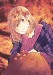 Rule 34 | 1girl, autumn, blurry, blurry background, brown eyes, brown hair, brown skirt, day, hair ornament, hand on own cheek, hand on own face, leaf hair ornament, long skirt, long sleeves, looking at viewer, name connection, object namesake, original, outdoors, plaid, skirt, solo, ueno haruki