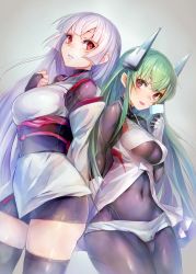 Rule 34 | 2girls, arm behind back, back-to-back, black legwear, blunt bangs, bodysuit, breasts, bridal gauntlets, commentary request, covered navel, cowboy shot, detached sleeves, food, gradient background, green hair, grey background, headgear, highres, huge breasts, impossible clothes, large breasts, long hair, looking back, md5 mismatch, medium breasts, menou kaname (taishi), multiple girls, navel, obi, original, popsicle, purple eyes, purple hair, red eyes, revision, sash, short shorts, shorts, skin tight, taishi (picchiridou), thighhighs, thighs, tongue, tongue out, tsuru-chan, underboob, very long hair