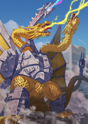 Rule 34 | alien, alternate form, amputee, armor, black sclera, breath weapon, building, city, colored sclera, conjoined, cyborg, destruction, dragon, electricity, energy, energy beam, glowing, glowing mouth, godzilla (series), godzilla vs. king ghidorah, gravity beam, green eyes, highres, hydra, kaijuu, king ghidorah, laser, laser weapon, mecha, mecha-king ghidorah, monster, mouth beam, multiple heads, multiple tails, no humans, prosthesis, prosthetic head, prosthetic wing, robot, solar panel, solar panel wings, spikes, tail, toho, triple-laser beam, wings, yagi2013, yellow electricity, yellow eyes