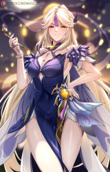 Rule 34 | 1girl, bare shoulders, blonde hair, blue dress, blurry, blurry background, bracelet, closed mouth, commentary, covered navel, cowboy shot, detached sleeves, dress, english commentary, enma (enmanuelart), fur-trimmed sleeves, fur trim, gem, genshin impact, hair ornament, hand on own hip, hand up, highres, jewelry, looking at viewer, mixed-language commentary, nail polish, necklace, ningguang (genshin impact), ningguang (orchid&#039;s evening gown) (genshin impact), official alternate costume, patreon username, red eyes, smile, smoke, smoking pipe, solo, sparkle background, split mouth, tassel, tassel hair ornament, thighs, vision (genshin impact)