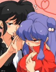 Rule 34 | 1boy, 1girl, breasts, chinese clothes, double bun, hands together, large breasts, purple hair, ranma 1/2, red eyes, saotome ranma, shampoo (ranma 1/2), tagme