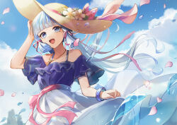 Rule 34 | 1girl, alternate costume, ayaka (genshin impact), bangle, blue eyes, blue hair, blue sky, blunt bangs, bow, bracelet, breasts, cloud, day, flower, frills, genshin impact, hair ribbon, hat, hat bow, jewelry, long hair, looking at viewer, mole, mole under eye, necklace, open mouth, outdoors, petals, pink bow, ponytail, ribbon, shimanakao (shimanaka sushi), skirt, skirt hold, sky, small breasts, solo, sparkle, sun hat, tress ribbon, very long hair, water, white flower, white skirt