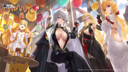 Rule 34 | 4girls, alternate costume, azur lane, backless dress, backless outfit, balloon, bismarck (azur lane), bismarck (beacon of the iron blood) (azur lane), black cape, black dress, black gloves, blonde hair, blue eyes, breasts, cape, center opening, closed mouth, dress, elbow gloves, enterprise (azur lane), enterprise (heroic finery) (azur lane), fang, fingerless gloves, flower, gloves, green hair, hair between eyes, hair flower, hair ornament, highres, holding, indoors, large breasts, long hair, long sleeves, looking at viewer, looking back, looking up, manjuu (azur lane), multiple girls, official alternate costume, official art, open mouth, parted lips, purple eyes, queen elizabeth (azur lane), queen elizabeth (the queen&#039;s ball) (azur lane), red hair, richelieu (azur lane), sidelocks, sitting, smile, standing, white dress, white gloves, yoshiku (oden-usagi)