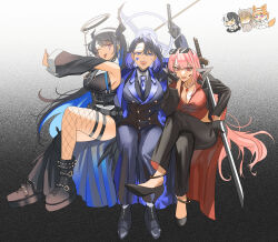 Rule 34 | 6+girls, asymmetrical horns, bare shoulders, black hair, black suit, blue eyes, blue hair, breasts, business suit, colored inner hair, crossed legs, demon horns, fishnet thighhighs, fishnets, formal, hair intakes, hair ornament, hololive, hololive english, horns, kamippoina (vocaloid), large breasts, long hair, looking at viewer, mafia (vocaloid), mole, mole under eye, mori calliope, multicolored hair, multiple girls, nanashi mumei, nanashi mumei (casual), necktie, nerissa ravencroft, nun, official alternate costume, official alternate hairstyle, ouro kronii, pant suit, pants, pink eyes, pink hair, q (hololive), red eyes, set7, shiori novella, short hair, single thighhigh, smile, suit, takanashi kiara, takanashi kiara (casual), thigh strap, thighhighs, two-tone hair, uneven horns, virtual youtuber