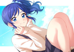 Rule 34 | 1girl, absurdres, aikatsu! (series), blue eyes, blue hair, blue sky, blush, closed mouth, commentary request, day, dress, dutch angle, feet out of frame, hair ornament, hair scrunchie, hands on own cheeks, hands on own face, highres, kiriya aoi, long hair, long sleeves, looking at viewer, outdoors, outside border, plaid, plaid dress, purple dress, scrunchie, sekina, side ponytail, sky, sleeves past wrists, smile, solo, squatting, sweater, swept bangs, yellow sweater