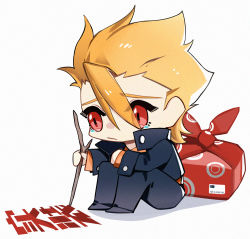 Rule 34 | 1boy, blonde hair, character name, chibi, crying, fate/prototype, fate (series), gilgamesh (fate/prototype), hugging own legs, k7 (kk7 000), male focus, package, red eyes, sitting, solo, stick, tears, writing