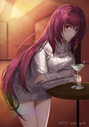 Rule 34 | 1girl, absurdres, breasts, cocktail glass, cup, drinking glass, enue (makar1995), fate/grand order, fate (series), hair intakes, highres, indoors, large breasts, leaning forward, long hair, martini, olive, purple hair, red eyes, scathach (fate), scathach (fate), skewer, smile, sweater, table, turtleneck, turtleneck sweater, very long hair