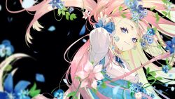 1girl blue_eyes blue_flower blurry blurry_foreground bow bowtie closed_mouth copyright_request flower frills green_hair hand_in_own_hair hand_up highres holding holding_own_hair kotatsukarakita leaf long_hair long_sleeves multicolored_hair petals pink_flower pink_hair puffy_sleeves shirt smile solo upper_body very_long_hair