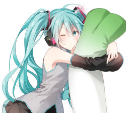 Rule 34 | 1girl, aqua eyes, aqua hair, aqua nails, aqua necktie, bare shoulders, black skirt, black sleeves, commentary, detached sleeves, grey shirt, hair ornament, hatsune miku, headphones, highres, long hair, looking at viewer, lying, miniskirt, nail polish, nanace 0, necktie, hugging object, on side, one eye closed, pleated skirt, shirt, skirt, sleeveless, sleeveless shirt, solo, spring onion, stuffed toy, twintails, upper body, very long hair, vocaloid, white background
