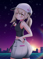 Rule 34 | 1girl, absurdres, alternate costume, ass, azusawa kohane, bare shoulders, baseball cap, blonde hair, blush, breasts, danzfloor, from behind, green eyes, hat, highres, huge ass, long hair, looking at viewer, low twintails, microphone, open mouth, parted lips, project sekai, shiny skin, short shorts, shorts, sideboob, solo, twintails