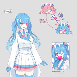 Rule 34 | 2girls, alternate color, arms at sides, arrow (symbol), blue eyes, blue gloves, blue hair, blue ribbon, blue sailor collar, blue thighhighs, blush, blush stickers, bow, breasts, buttons, closed mouth, collarbone, collared shirt, cowboy shot, creatures (company), cropped jacket, drooling, emoji, female focus, game freak, gen 6 pokemon, gloves, grey background, hair bow, hair ribbon, hairband, hand to own mouth, hand up, happy, heart, heart-shaped pupils, jacket, japanese text, long hair, long sleeves, looking at viewer, medium breasts, merlusa, miniskirt, mouth drool, multicolored bowtie, multiple girls, multiple views, nintendo, one eye closed, personification, pink hair, pink ribbon, pink shirt, pleated skirt, pokemon, red eyes, ribbon, sailor collar, school uniform, selfie, serafuku, shiny and normal, shiny pokemon, shirt, simple background, skirt, smile, standing, sylveon, symbol-shaped pupils, thighhighs, translation request, twintails, vest, white hairband, white jacket, white shirt, white skirt, white vest, wink, yuri, zettai ryouiki
