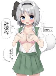 Rule 34 | 1girl, absurdres, black hairband, blue eyes, blush, bra, breasts, collared shirt, commentary, covering privates, covering breasts, ghost, green skirt, green vest, grey hair, hairband, highres, konpaku youmu, konpaku youmu (ghost), large breasts, looking at viewer, open clothes, open mouth, open shirt, open vest, pink bra, shirt, short hair, simple background, skirt, speech bubble, touhou, translation request, underwear, vest, white background, white shirt, youmu-kun