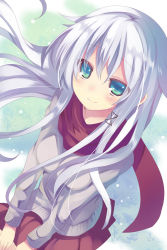 Rule 34 | 1girl, anceril sacred, bad id, bad pixiv id, blue eyes, from above, hairdressing, highres, long hair, looking at viewer, looking up, mishima kurone, original, pleated skirt, scarf, silver hair, skirt, smile, snow, snowing, solo, sweater