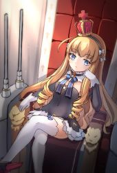 Rule 34 | 1girl, azur lane, black hairband, black sleeves, blonde hair, blue bow, blue eyes, blush, bow, breasts, cannon, closed mouth, commentary request, crossed legs, crown, detached sleeves, dress, gloves, grey dress, hairband, hand up, highres, long hair, long sleeves, looking at viewer, mini crown, miya (miyaruta), queen elizabeth (azur lane), ringlets, rudder footwear, sitting, small breasts, solo, strapless, strapless dress, thighhighs, throne, tilted headwear, turret, very long hair, white bow, white gloves, white thighhighs