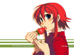 Rule 34 | 1girl, blue eyes, blush, dated, eating, food, fruit, highres, holding, holding food, holding fruit, kusanagi tonbo, original, red hair, short hair, solo, strawberry, sweater, tongue, wallpaper