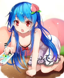 Rule 34 | 1girl, all fours, bare arms, bare legs, bare shoulders, barefoot, blue hair, bow, bowtie, breasts, cellphone, collarbone, commentary request, downblouse, dress, efe, food, food-themed hair ornament, fruit, hair ornament, hinanawi tenshi, long hair, no bra, on floor, open mouth, peach, peach hair ornament, phone, red eyes, red neckwear, short dress, small breasts, smartphone, solo focus, touhou, very long hair, white background, white dress