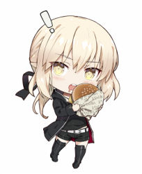 Rule 34 | !, 1girl, artoria pendragon (all), artoria pendragon (fate), belt, belt buckle, black camisole, black footwear, black jacket, black ribbon, black shorts, black thighhighs, blonde hair, boots, buckle, burger, camisole, commentary request, drooling, fate/grand order, fate (series), food, full body, gabiran, hair between eyes, hair ribbon, holding, holding food, hood, hood down, hooded jacket, jacket, long hair, lowres, mouth hold, official alternate costume, open clothes, open jacket, ribbon, round teeth, saber alter, saber alter (ver. shinjuku 1999) (fate), short shorts, shorts, sidelocks, simple background, solo, teeth, thigh boots, thighhighs, upper teeth only, white background, white belt, yellow eyes