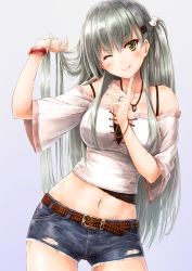 Rule 34 | 1girl, :q, alternate costume, alternate hairstyle, aqua hair, bangle, bare shoulders, belt, blush, bracelet, breasts, buckle, casual, cleavage, cross-laced clothes, denim, denim shorts, earrings, gradient background, green eyes, green nails, hair ornament, hairclip, hand up, head tilt, highres, holding, holding hair, jewelry, kantai collection, large breasts, long hair, looking at viewer, midriff, nail polish, navel, necklace, off-shoulder shirt, off shoulder, one eye closed, one side up, ring, shirt, shorts, simple background, smile, solo, stomach, suien, suzuya (kancolle), thighs, tongue, tongue out, wedding band, white shirt, wide sleeves
