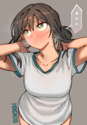 Rule 34 | ..., 1girl, adjusting hair, arms up, artist logo, artist name, blush, breasts, brown hair, closed mouth, collarbone, ergot, fubuki (kancolle), full-face blush, green eyes, grey background, gym shirt, hair between eyes, hair tie, kantai collection, low ponytail, medium breasts, ponytail, shirt, short hair, short sleeves, sidelocks, simple background, solo, speech bubble, spoken ellipsis, standing, upper body, white shirt
