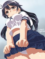 Rule 34 | 1girl, black hair, blush, breasts, brown eyes, dated, dd (ijigendd), from below, gradient background, grey background, kantai collection, large breasts, long hair, looking at viewer, midriff, navel, panties, pleated skirt, school uniform, serafuku, simple background, skirt, solo, underwear, ushio (kancolle), wavy mouth, white panties