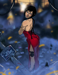 Rule 34 | 1girl, ada wong, ass, backless dress, backless outfit, black hair, blue eyes, bob cut, choker, crossed arms, dress, from above, full body, ganassa, high heels, holster, lips, long dress, looking back, red dress, resident evil, resident evil 4, ribbon choker, short hair, side slit, solo, thigh holster, toned