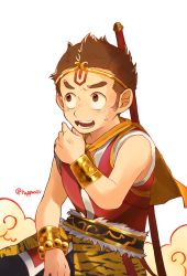 Rule 34 | 1boy, bangle, bead bracelet, beads, blush, bracelet, brown hair, chaba ga oishii, circlet, cloud, commentary, cosplay, facial mark, forehead mark, furry, furry male, hanuman (housamo), highres, jewelry, long sideburns, looking away, male focus, monkey boy, open mouth, polearm, polearm behind back, shirt, short hair, sideburns, solo, sun wukong, sun wukong (cosplay), sweatdrop, thick eyebrows, tokyo houkago summoners, upper body, weapon, white background