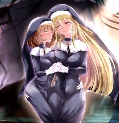 Rule 34 | 2girls, andrew (duel angel), blonde hair, blush, breast press, breasts, brown hair, commentary, duel monster, exosister elis, exosister stella, eyes visible through hair, gloves, green eyes, hand on another&#039;s hip, height difference, highres, holding hands, large breasts, long hair, looking at another, medium breasts, multiple girls, nun, orange eyes, symmetrical docking, traditional nun, white gloves, yu-gi-oh!, yuri