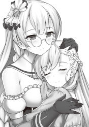 Rule 34 | 2girls, azur lane, belfast (azur lane), blush, breasts, closed mouth, edinburgh (azur lane), elbow gloves, closed eyes, facing another, glasses, gloves, greyscale, hand on another&#039;s head, highres, hug, long hair, looking at another, medium breasts, monochrome, multiple girls, neckerchief, raiou, smile