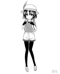 Rule 34 | 10s, 1girl, 2017, backpack, bag, blush, bucket hat, commentary request, dated, expressionless, full body, gloves, greyscale, hair between eyes, halftone, hat, hat feather, kaban (kemono friends), kemono friends, looking at viewer, monochrome, narrow waist, pantyhose, safari hat, shirt, short hair, short sleeves, shorts, signature, simple background, solo, standing, tareme, thigh gap, white background, yamaguchi yuu