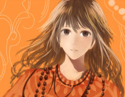 Rule 34 | 1girl, brown eyes, brown hair, close-up, commentary request, dress, light smile, looking at viewer, orange background, orange dress, original, parted lips, sakimori (hououbds), smile, solo
