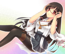 Rule 34 | 1girl, black hair, cosplay, detached sleeves, glasses, isokaze (kancolle), japanese clothes, kantai collection, kirishima (kancolle) (cosplay), kirishima (kancolle), long hair, looking at viewer, nontraditional miko, pantyhose, red eyes, skirt, solo, zhou yu (ppaaqz1995)
