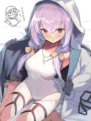 Rule 34 | 1girl, absurdres, atsuko (blue archive), black gloves, blue archive, breasts, covered erect nipples, gloves, halo, highres, hood, hoodie, jacket, kawa mura, looking at viewer, medium breasts, one-piece swimsuit, purple hair, red eyes, school swimsuit, sitting, swimsuit, thighs, wariza, white hoodie, white jacket, white one-piece swimsuit