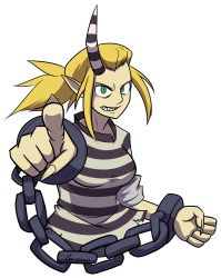 Rule 34 | 1girl, blouse, breasts, chain, cuffs, giant, giantess, green eyes, horns, idc zazie, large breasts, long hair, pointing, pointing at viewer, pointy ears, ponytail, prison clothes, scythana, scythana (skullgirls), shackles, sharp teeth, shirt, single horn, skullgirls, solo, striped clothes, striped shirt, teeth, transparent background, upper body