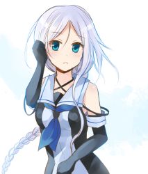 Rule 34 | 1girl, bad id, bad pixiv id, black gloves, blue eyes, blue neckwear, braid, braided ponytail, dress, elbow gloves, gloves, hair between eyes, kantai collection, long hair, looking at viewer, shika (hachilemon), silver hair, simple background, single braid, sleeveless, sleeveless dress, solo, umikaze (kancolle), upper body, very long hair, white background