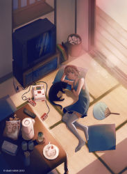 Rule 34 | 1girl, blonde hair, blue eyes, cat, controller, dead-robot, dress, famicom, game console, garter straps, hairband, hand fan, looking at viewer, lying, on side, original, remote control, short hair, solo, super nintendo, tatami, television, thighhighs, white thighhighs