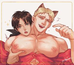 Rule 34 | 2boys, ah luan, animal ears, artist name, bara, bare pectorals, black cape, blonde hair, brown eyes, brown hair, buttons, cape, clothes pull, couple, eren yeager, fang, fang out, fangs, grabbing, grabbing from behind, green eyes, halloween, halloween costume, large pectorals, male focus, multiple boys, muscular, muscular male, nipples, open mouth, pectoral focus, pectoral grab, pectorals, red shirt, reiner braun, shingeki no kyojin, shirt, shirt pull, short hair, smile, teeth, vampire, vampire costume, wolf ears, yaoi
