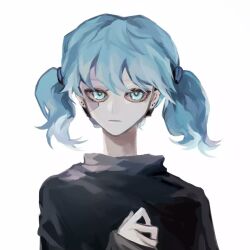 Rule 34 | 1boy, black sweater, blue eyes, blue hair, ear piercing, hand up, limefruityummy, looking at viewer, male focus, mask, piercing, sal fisher, sally face, short twintails, simple background, solo, sweater, twintails, upper body, white background
