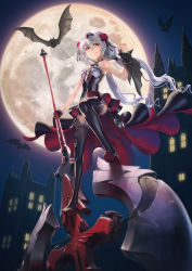 Rule 34 | 1girl, bare shoulders, bat (animal), black dress, black gloves, black thighhighs, breasts, castle, dress, fang, fang out, flamenco dress, floating hair, flower, full moon, garter straps, gloves, gotointhepark, hair flower, hair ornament, hand up, highres, holding, holding weapon, honkai (series), honkai impact 3rd, huge weapon, long hair, looking at viewer, low twintails, moon, night, outdoors, red eyes, red flower, silver hair, sleeveless, sleeveless dress, small breasts, solo, theresa apocalypse, theresa apocalypse (luna kindred), thighhighs, twintails, weapon