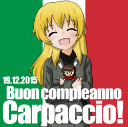 Rule 34 | 10s, 2015, 2girls, birthday, blonde hair, blush, brown hair, caesar (girls und panzer), carpaccio (girls und panzer), character doll, dated, hugging doll, closed eyes, girls und panzer, happy, happy birthday, italian flag, italian text, long hair, multiple girls, nono-fighters, hugging object, short hair, smile, uniform
